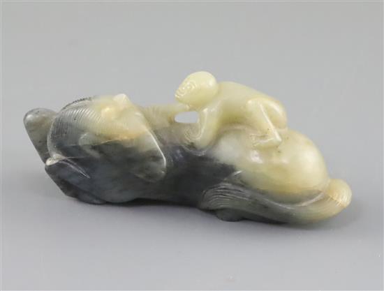 A Chinese pale celadon and grey jade group of a horse with a monkey on its back, 18th / 19th century, L.8.6cm